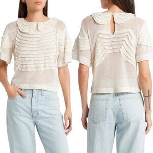 NEW The Great. Rosebud Knit Peter Pan Collar Short Sleeve Top Cream Size: 3